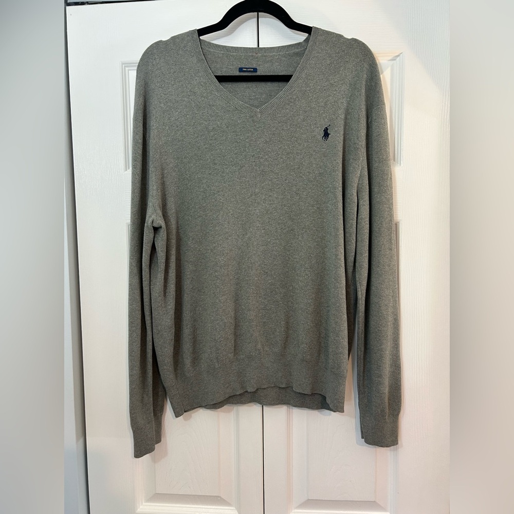 Polo Ralph Lauren Gray Pima Cotton Sweater V Neck Pony Logo Large Oversized